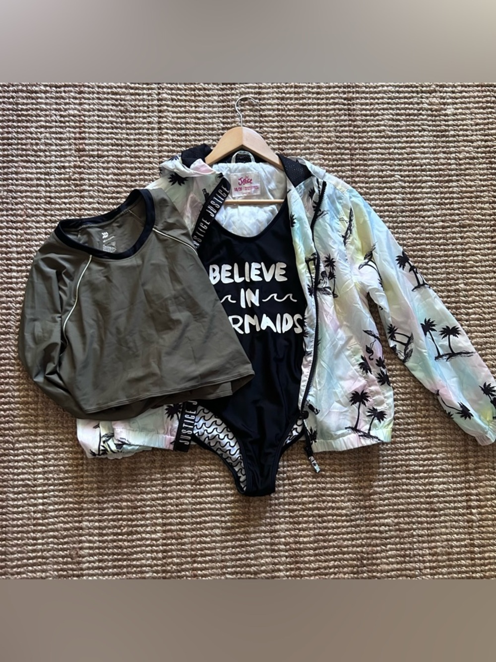 Girls 3 Piece Swim Set Justice Windbreaker Jacket Black Swimsuit & Swim Top